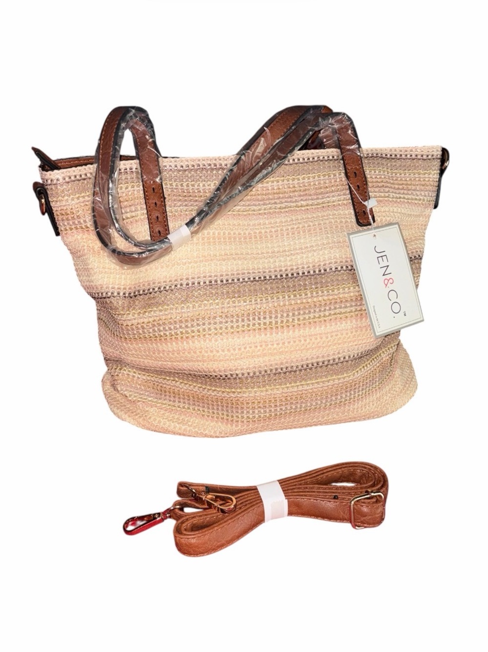 NWT Jen & Co. August Tote • Multi‑Color Woven Straw • Vegan Leather Trim